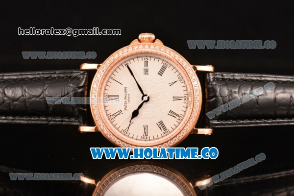 Patek Philippe Calatrava Miyota Quartz Rose Gold Case with White Dial and Roman Numeral Markers - Diamonds Bezel - Click Image to Close